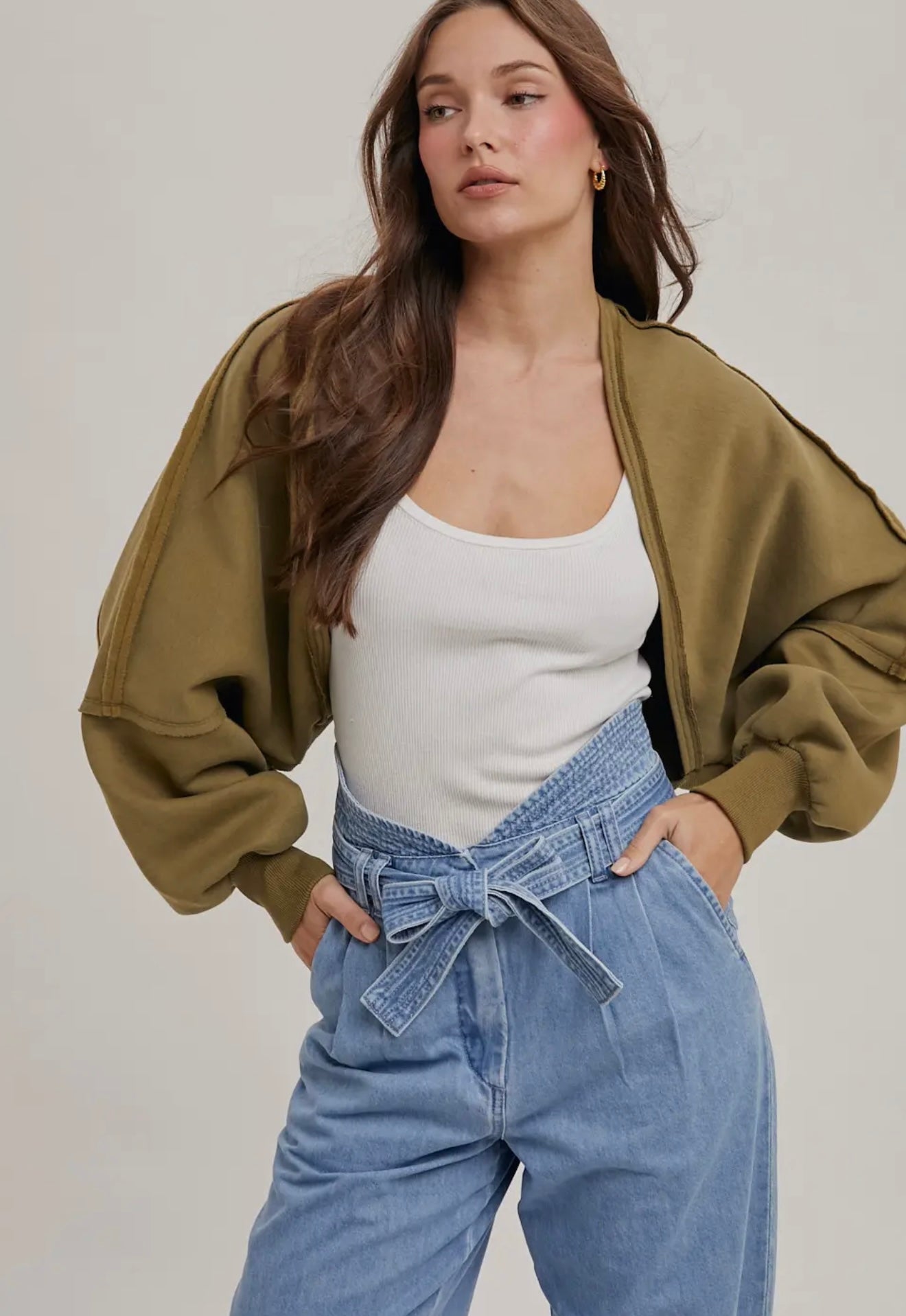 Olive Inner Fleece Shrug Knit Cardigan