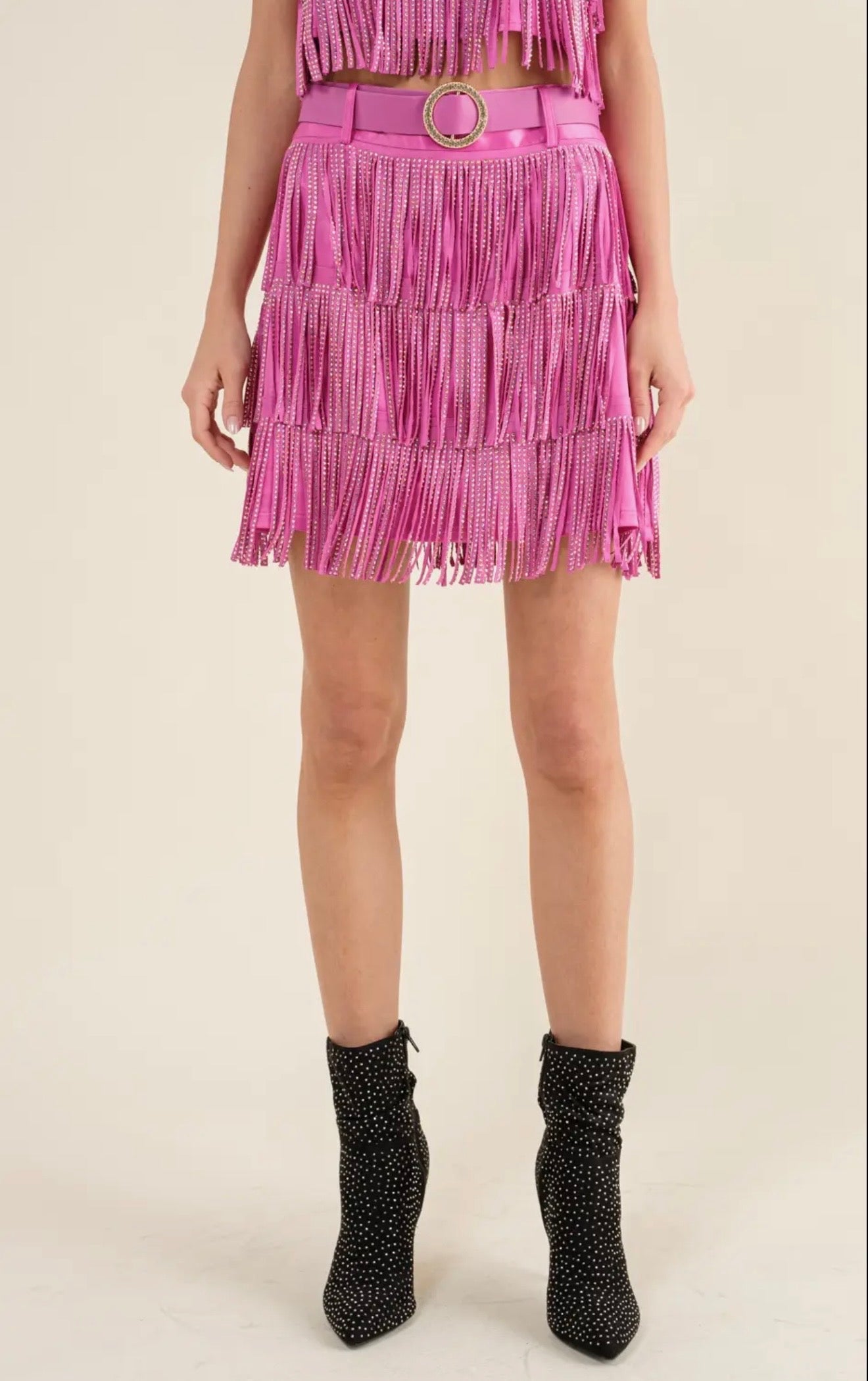 Satin Studded Fringe Sparkle
Ring Belted Mini Skirt