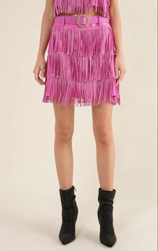 Satin Studded Fringe Sparkle
Ring Belted Mini Skirt