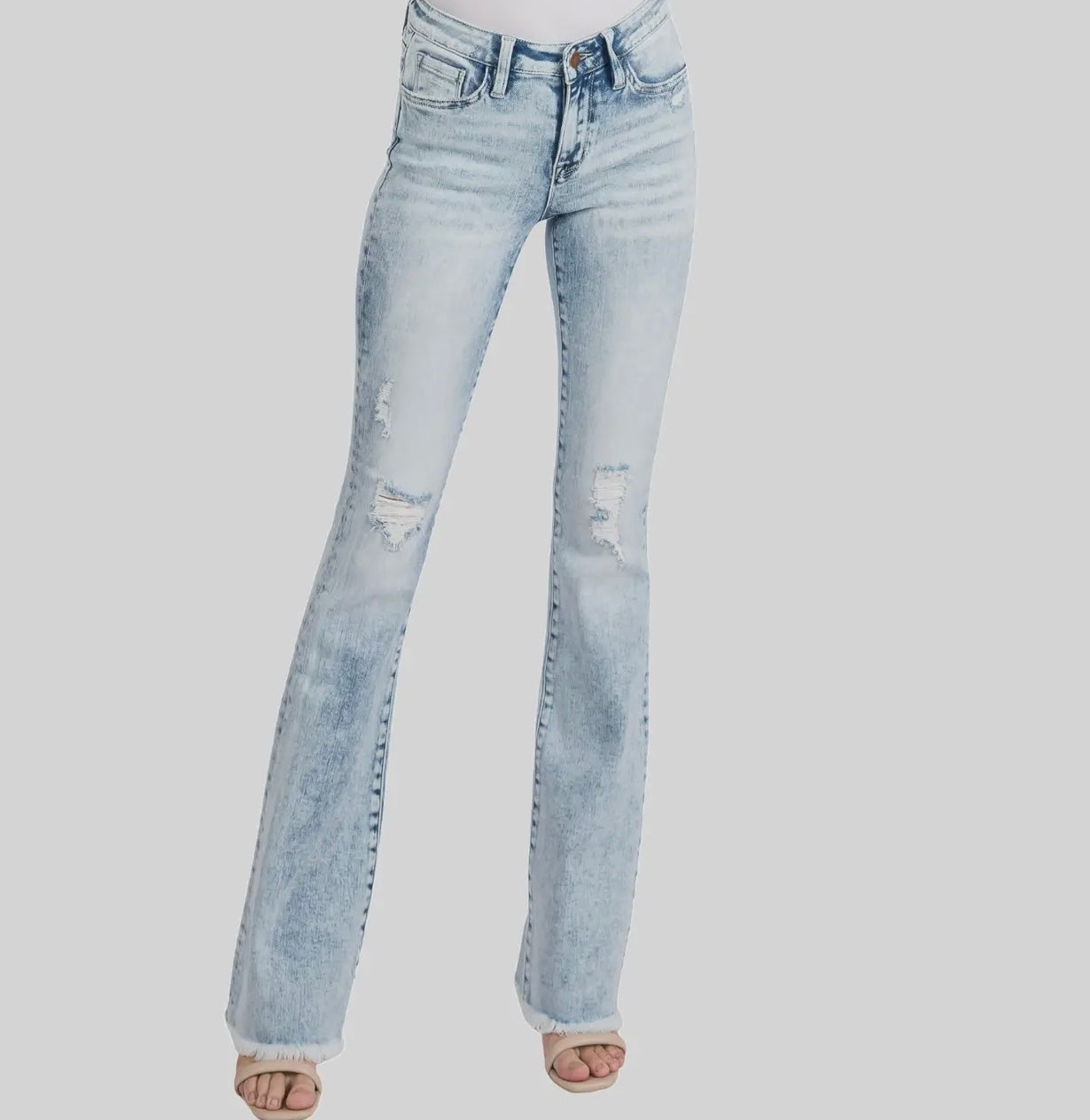 Petra153 Distressed Mid Rise Stretch
Flare Jeans