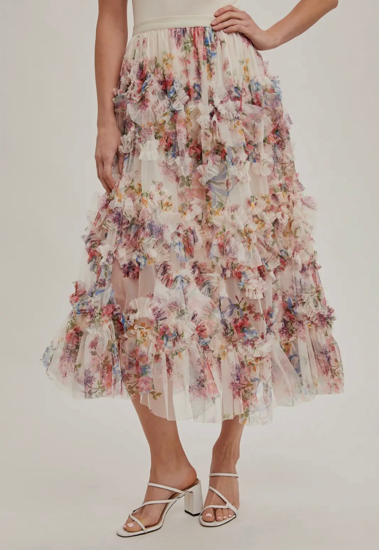 Floral Ruffled Mesh Midi Skirt