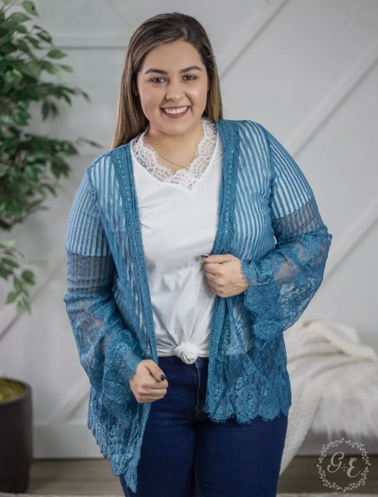 Country Chic Detailed Lace Kimono, French Blue