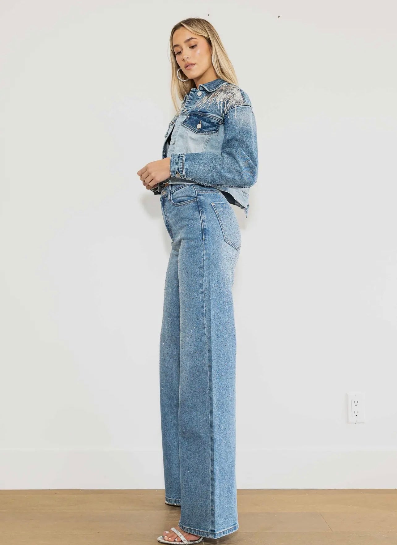 All Over Rhinestone Wide Jeans