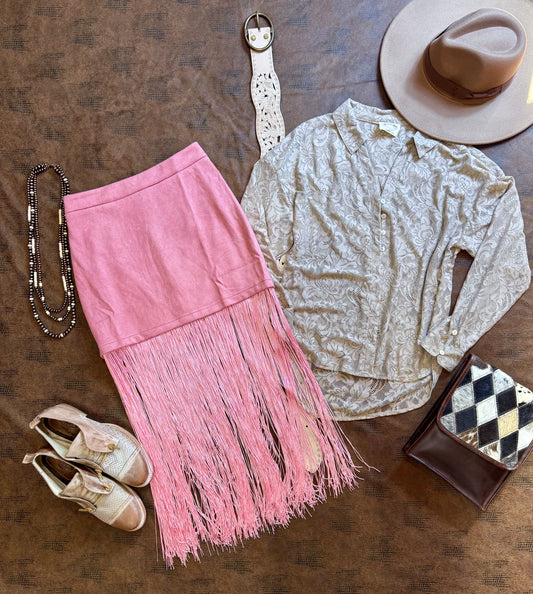 Stretch Faux Suede Fringe Detail Skirt in Mauve
