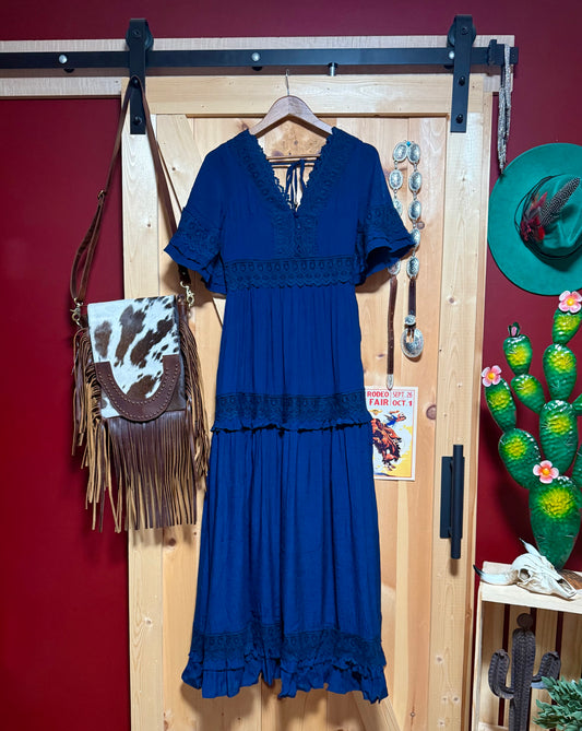 Navy V-Neck Lace Trim Maxi Dress
