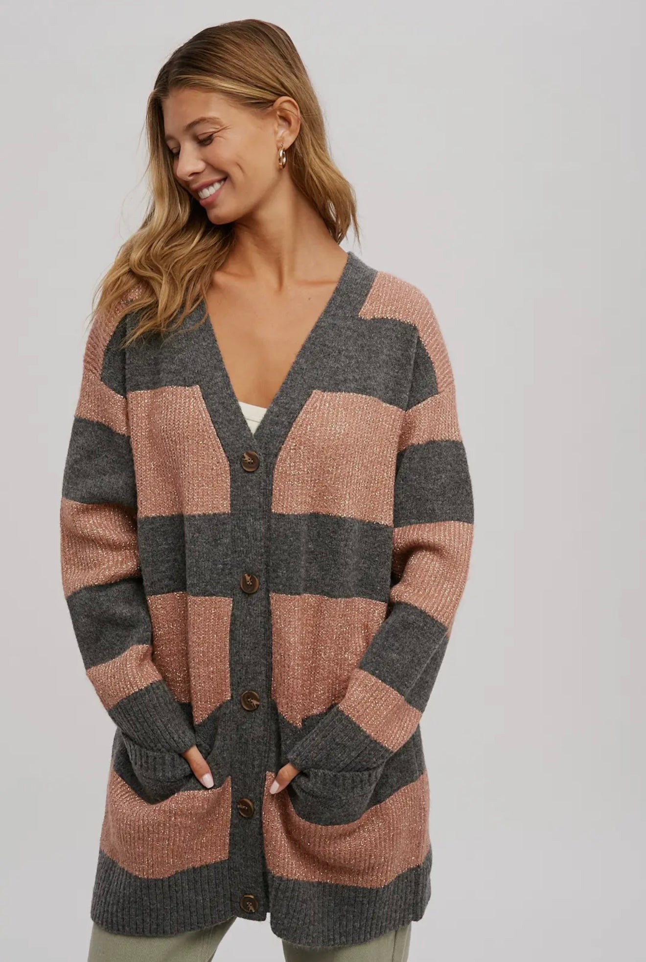 Lurex Color Block Button Front Cardigan