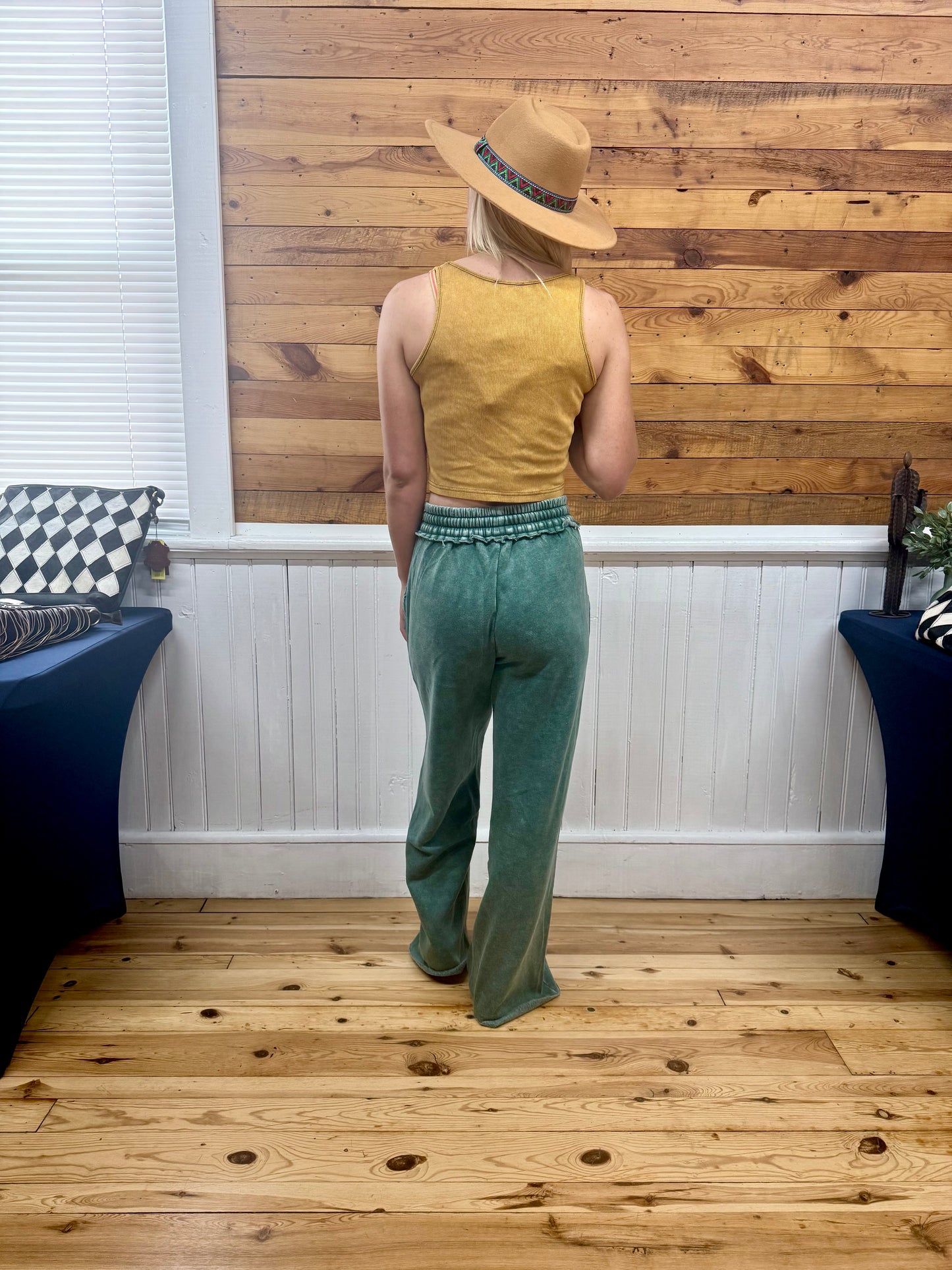 Zenana Acid Wash Fleece Palazzo Sweatpants with Pockets in Green
