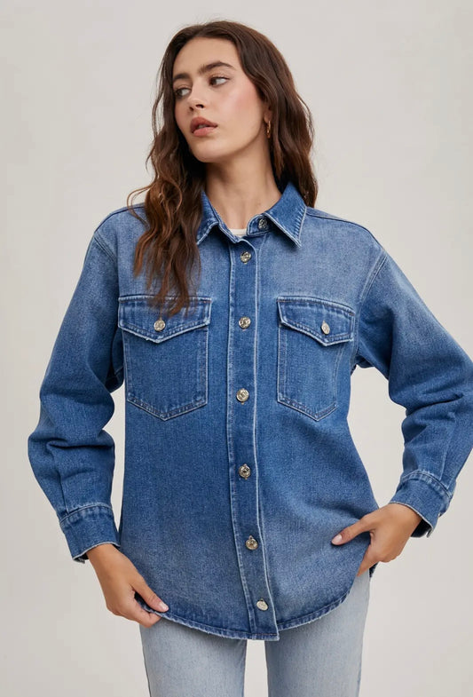 Washed Denim Button Down Shirt Jacket