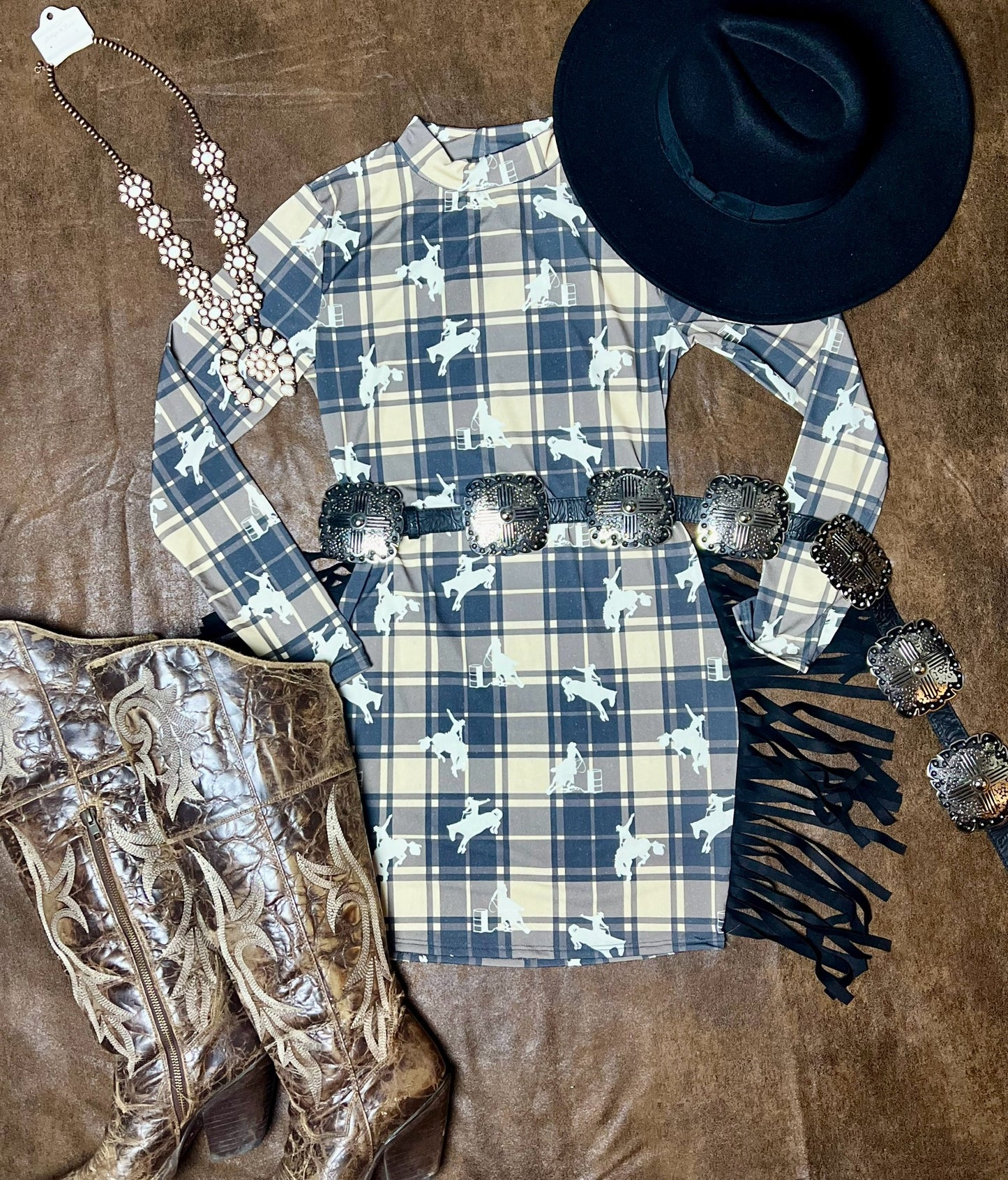 PLAID COWGIRL PRINTED LONG SLEEVE DRESS W SIDE FRINGE