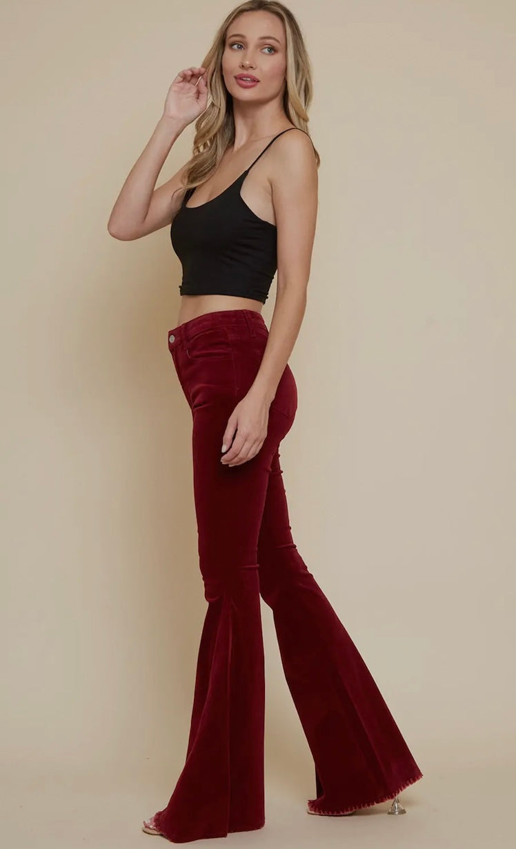 Wine Soft Corduroy Flares with Distressed Hem