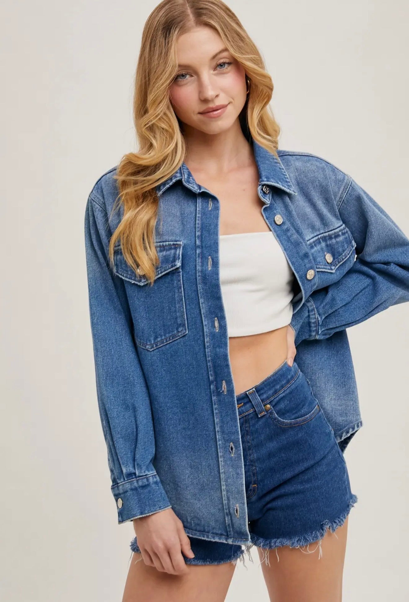 Washed Denim Button Down Shirt Jacket