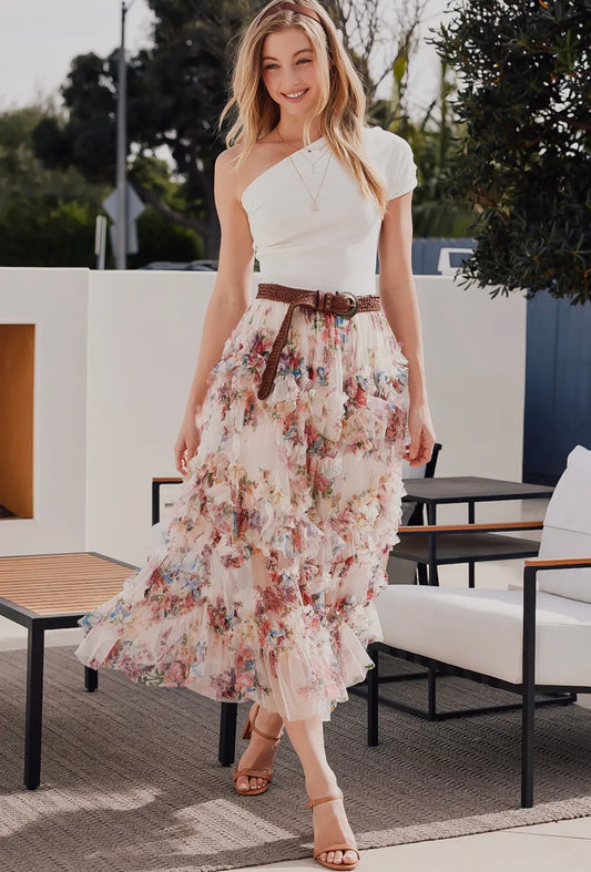 Floral Ruffled Mesh Midi Skirt