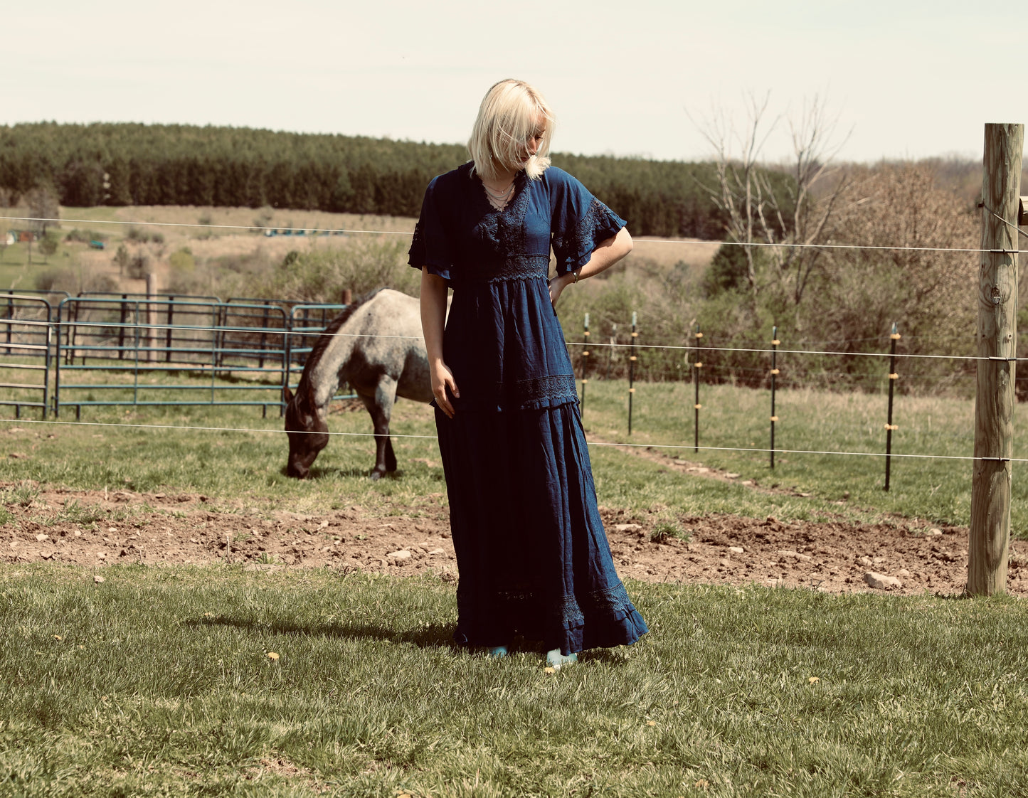 Navy V-Neck Lace Trim Maxi Dress