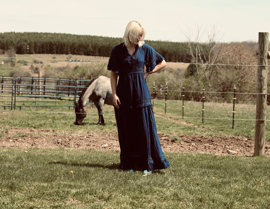 Navy V-Neck Lace Trim Maxi Dress