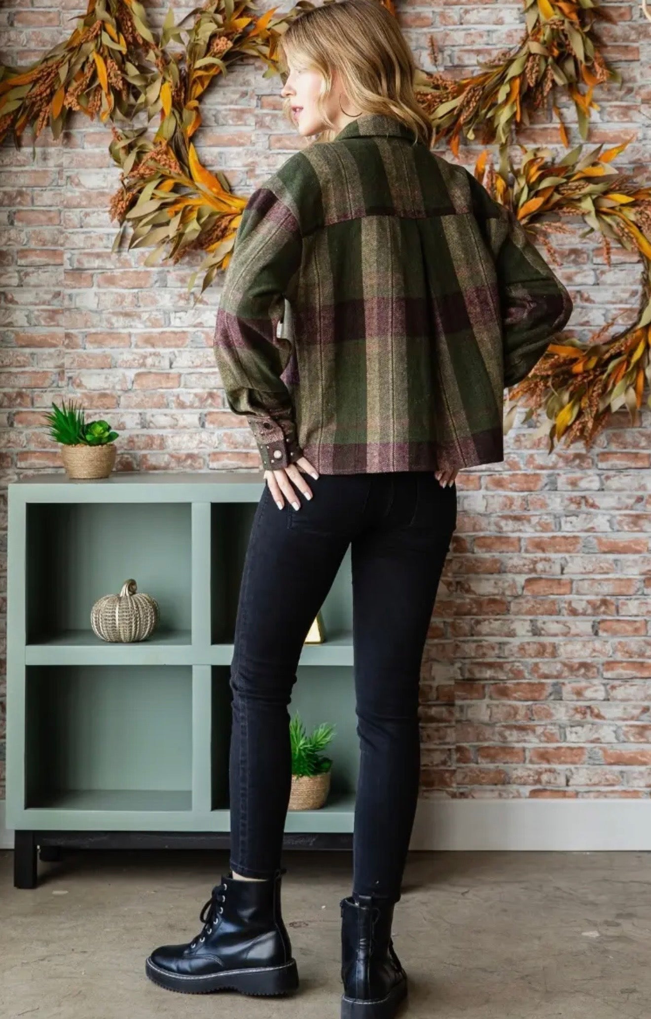 Plaid Stud Cuff Shirt Jacket in Olive