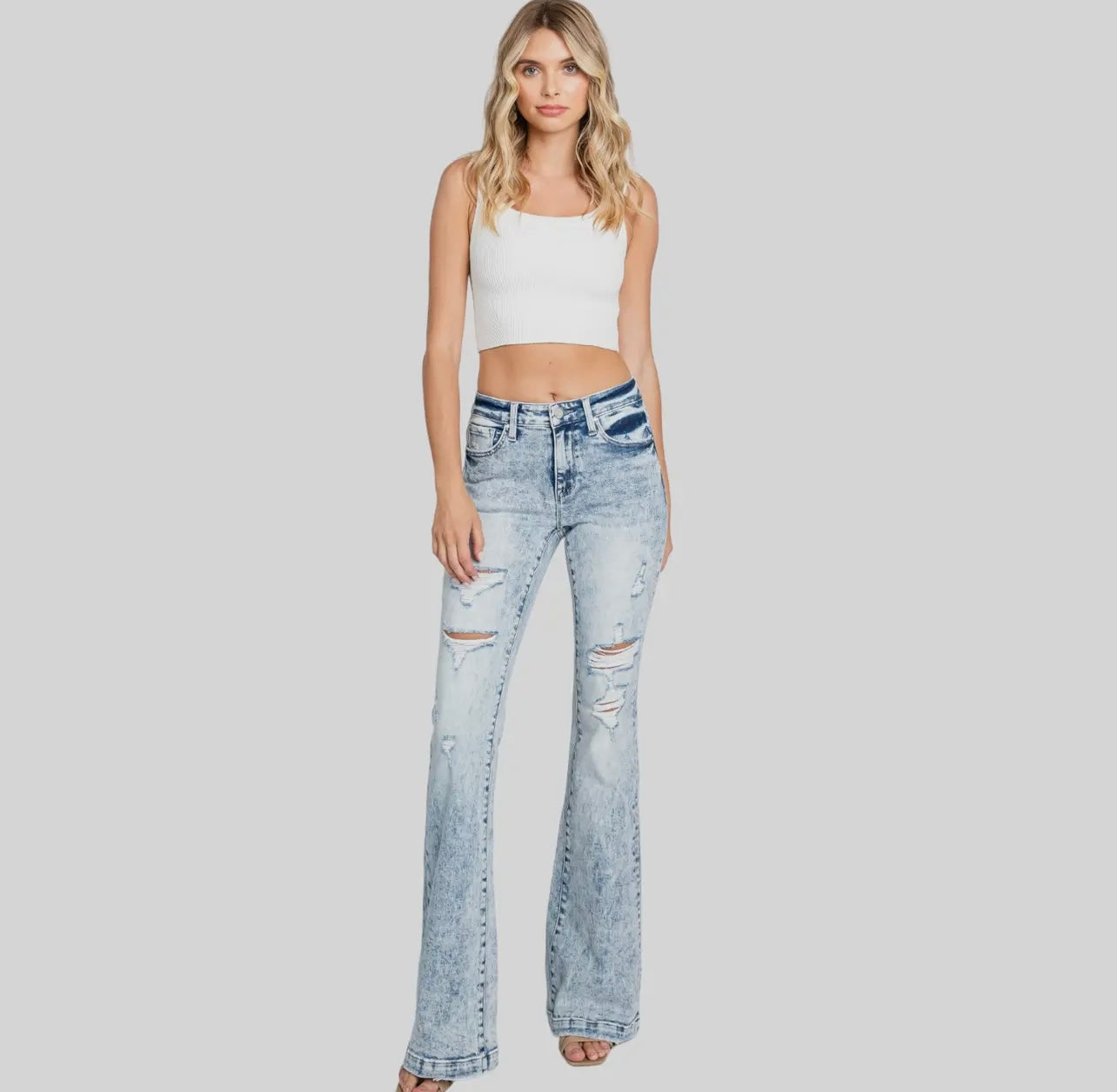 Petra153 Destroyed Mid Rise Stretch
Flare with Trouser Hem
