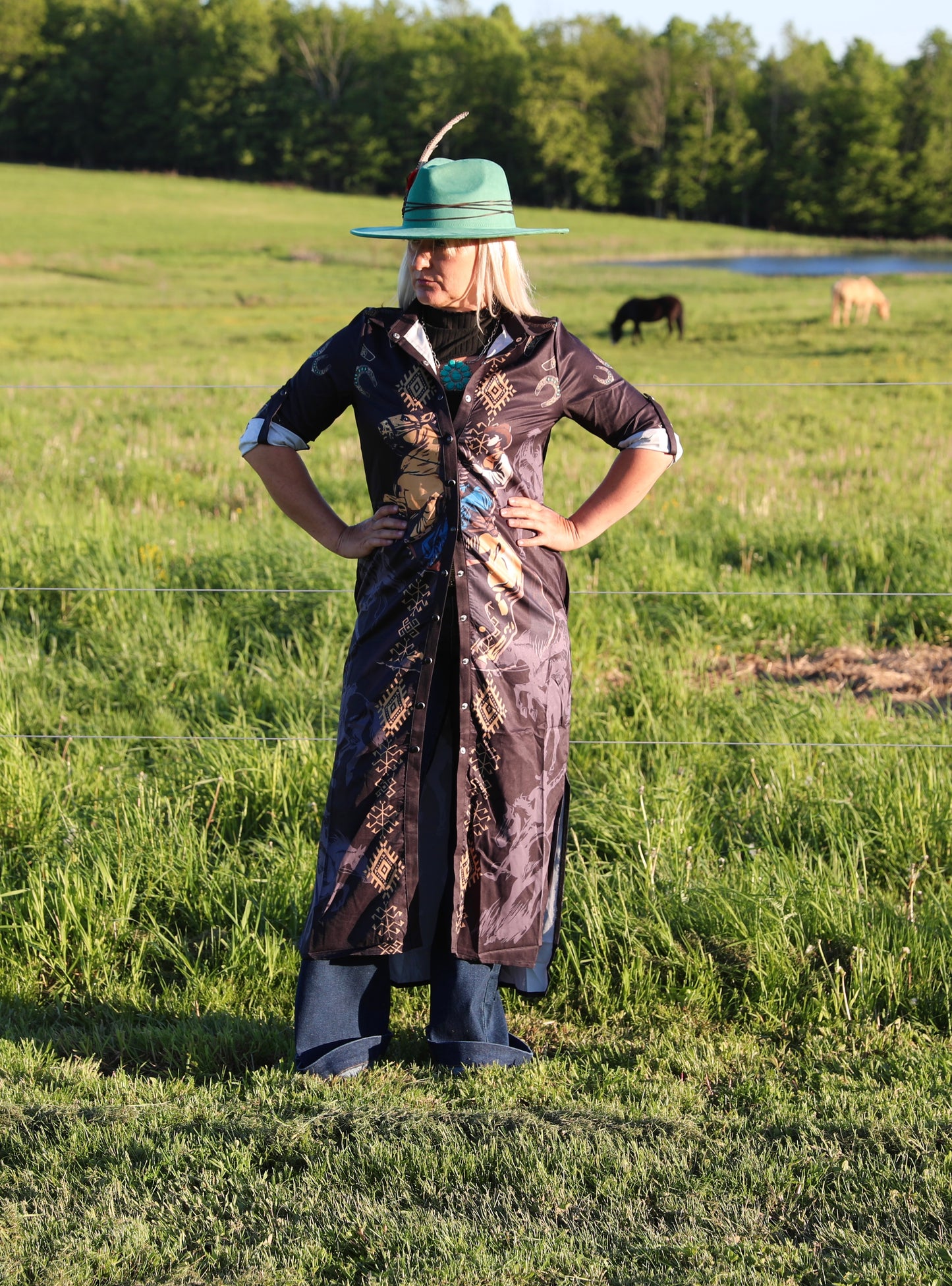 Black Riding Cowboy Aztec Button Down Dress Duster