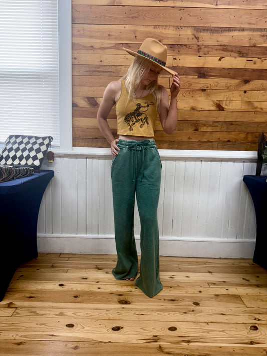 Zenana Acid Wash Fleece Palazzo Sweatpants with Pockets in Green
