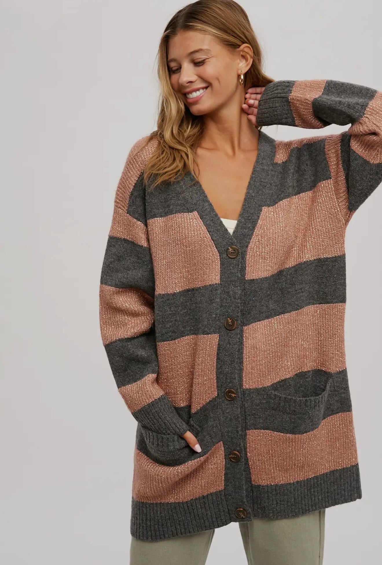 Lurex Color Block Button Front Cardigan