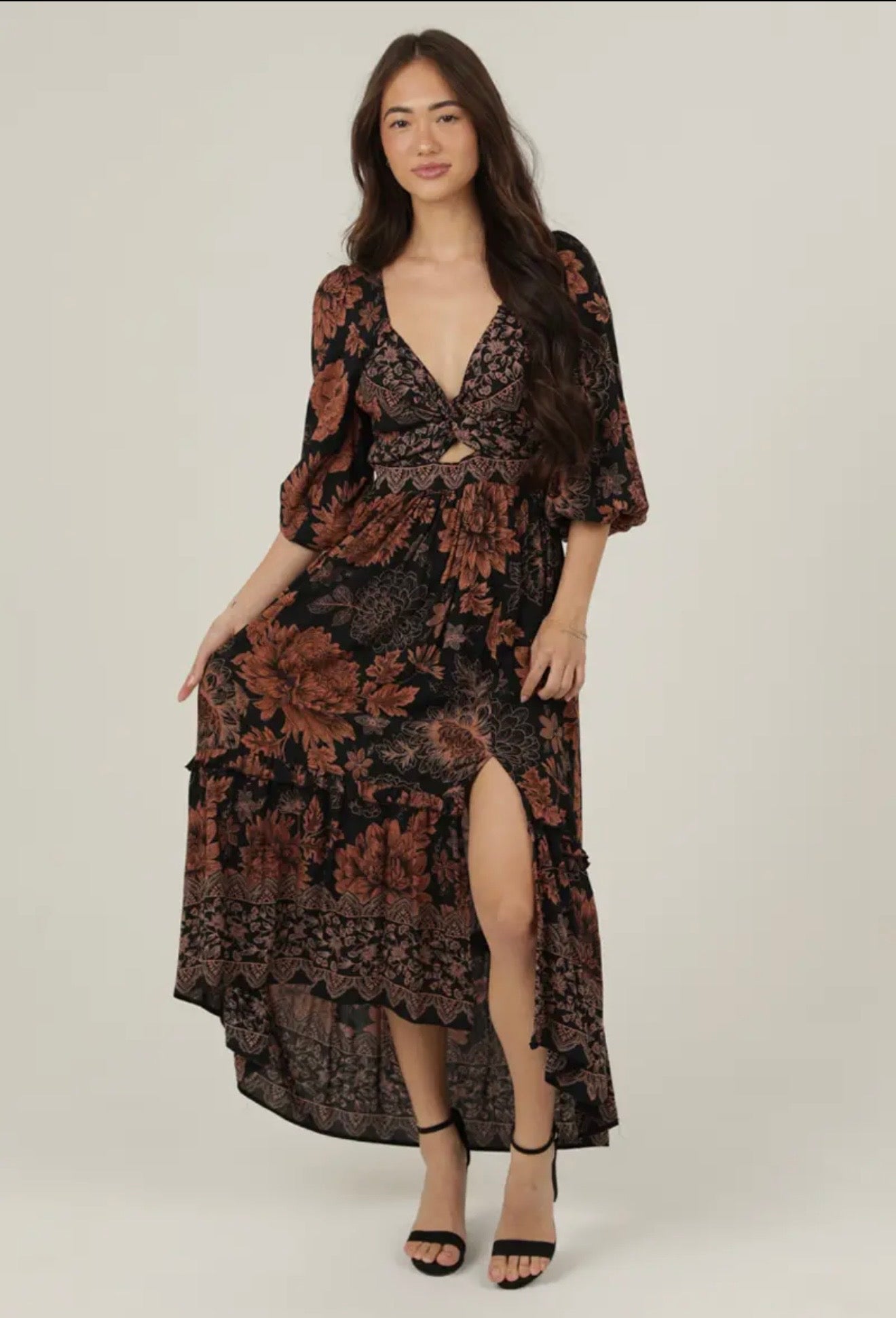 Angie V Neck Twist Front Cut Out
Side Slit Maxi Dress