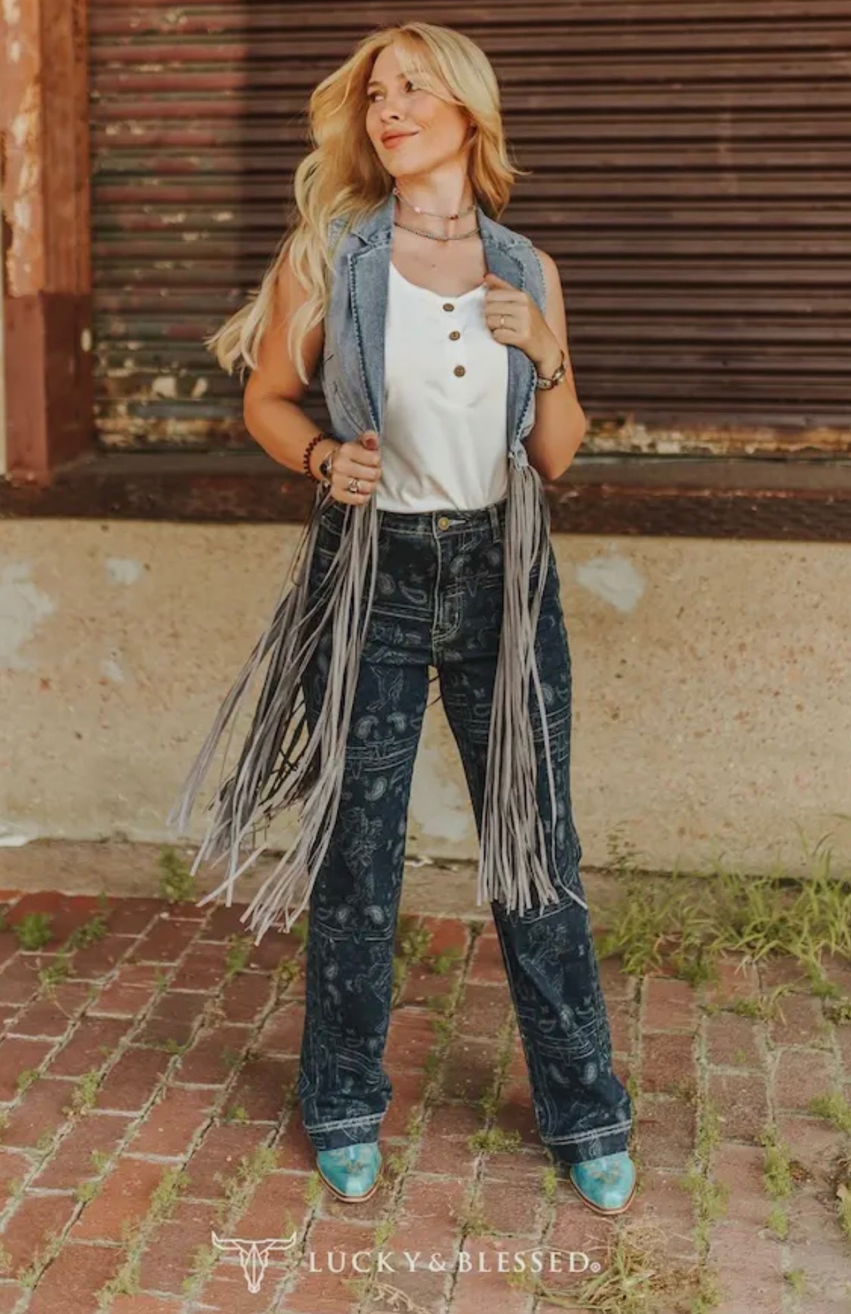 Stone Wash Denim Fringe Denim Vest