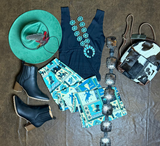 Blue-Viviana Western Patch
Collage Print Slack Pants