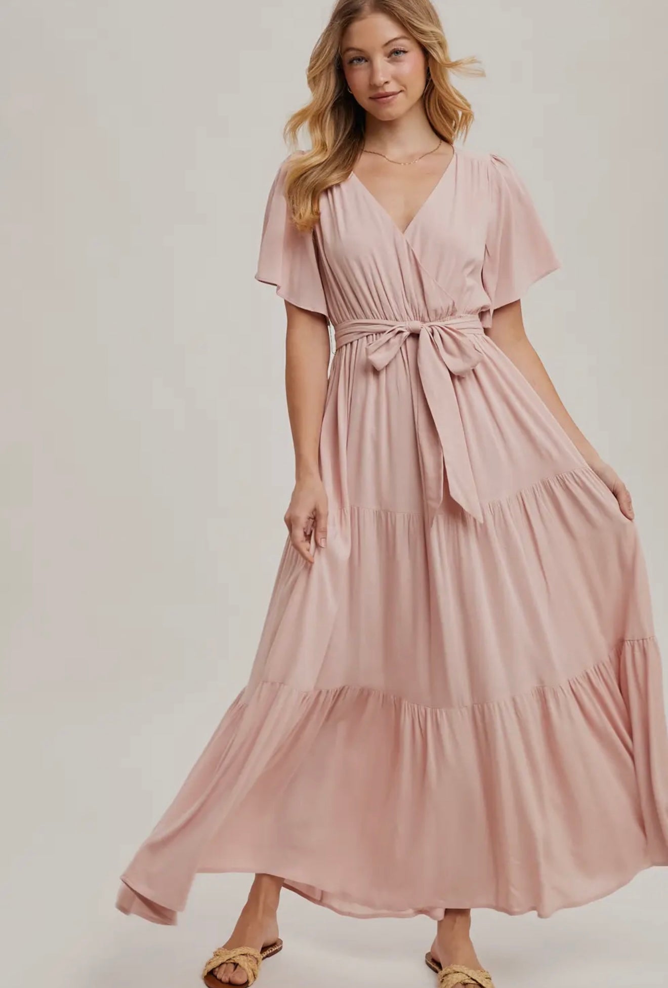Wrap Tiered Maxi Sundress with Lining in Rose