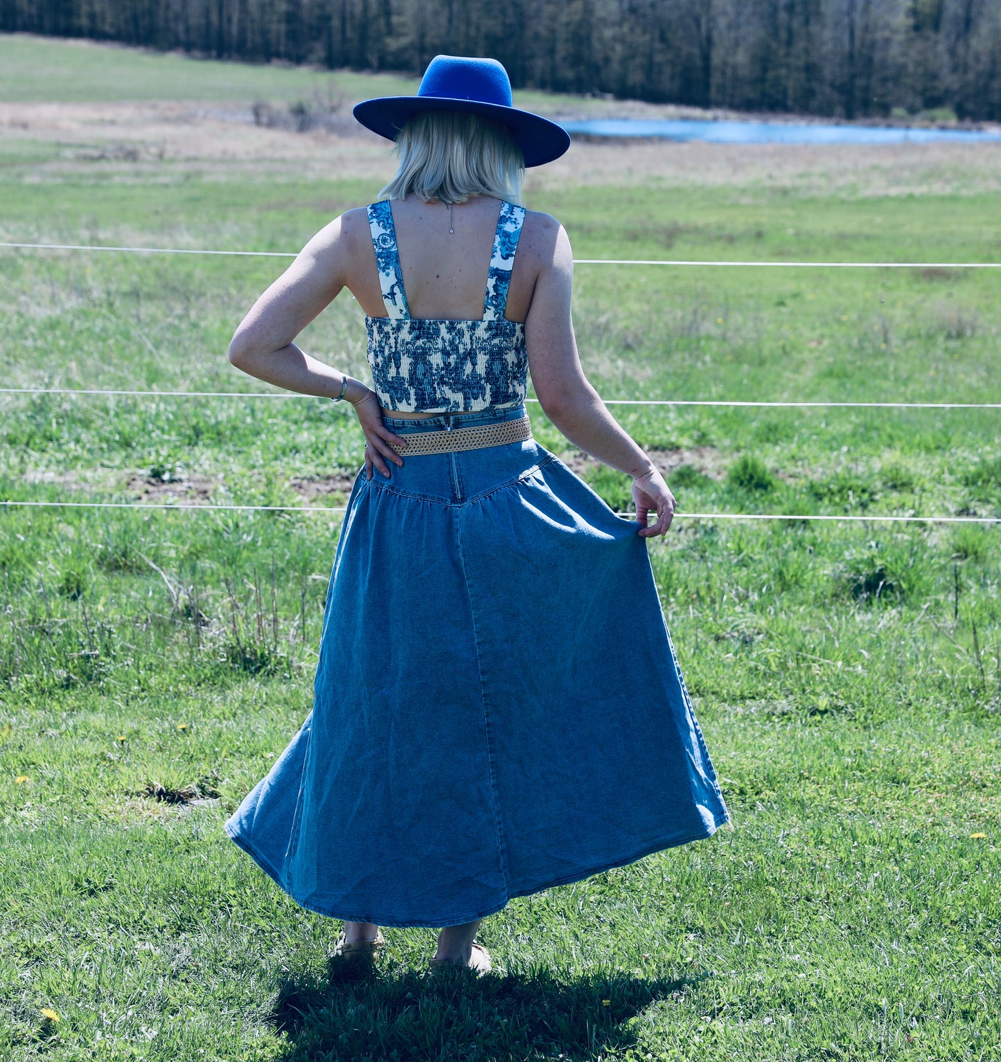 Midi Denim Skirt with Center Thigh Slit