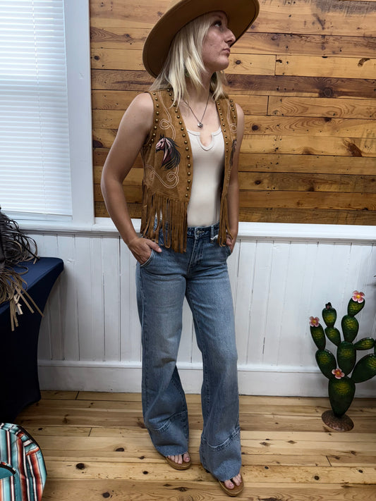 Camel Horse Printed Studded Fringe
Hem Vest