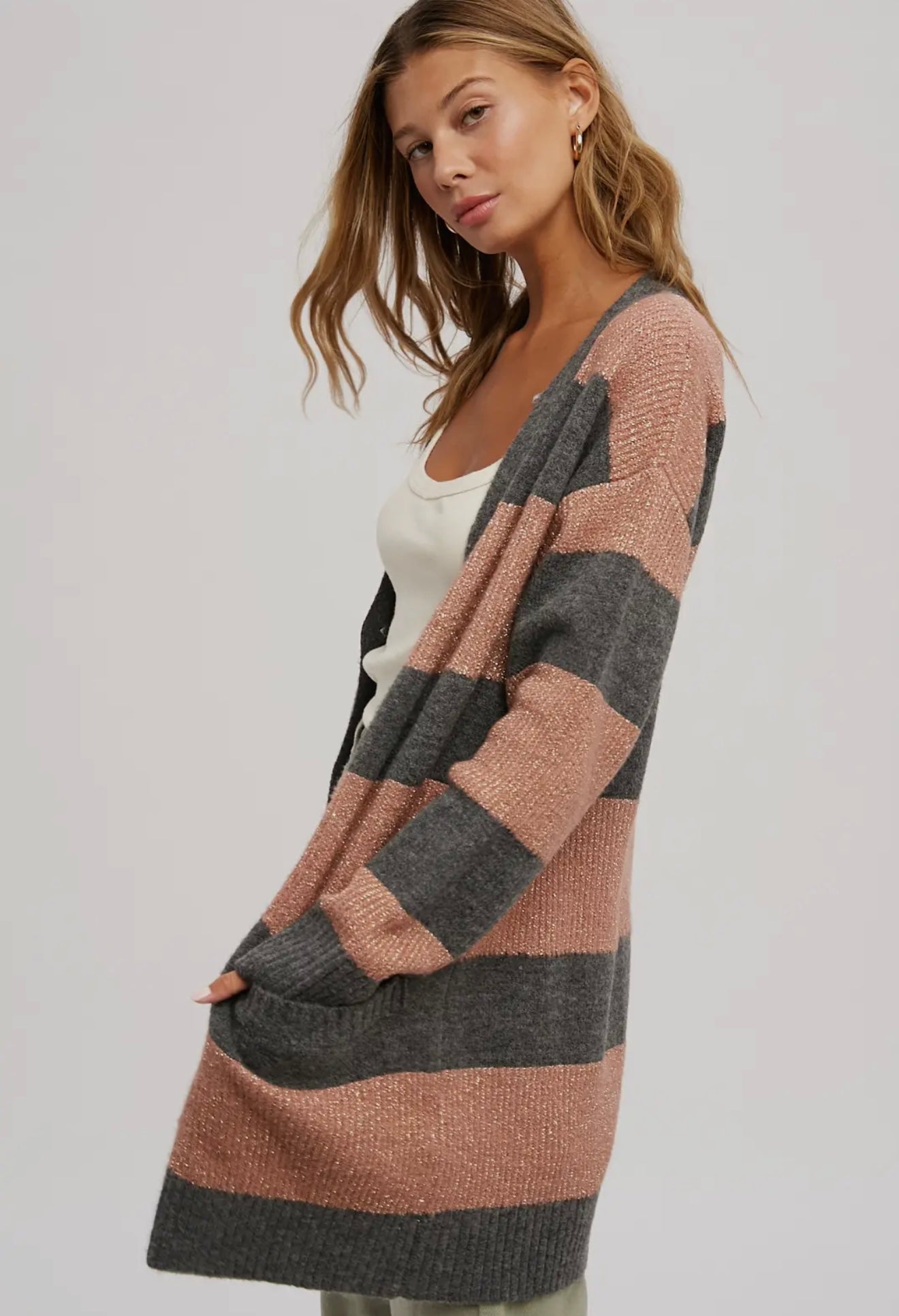 Lurex Color Block Button Front Cardigan