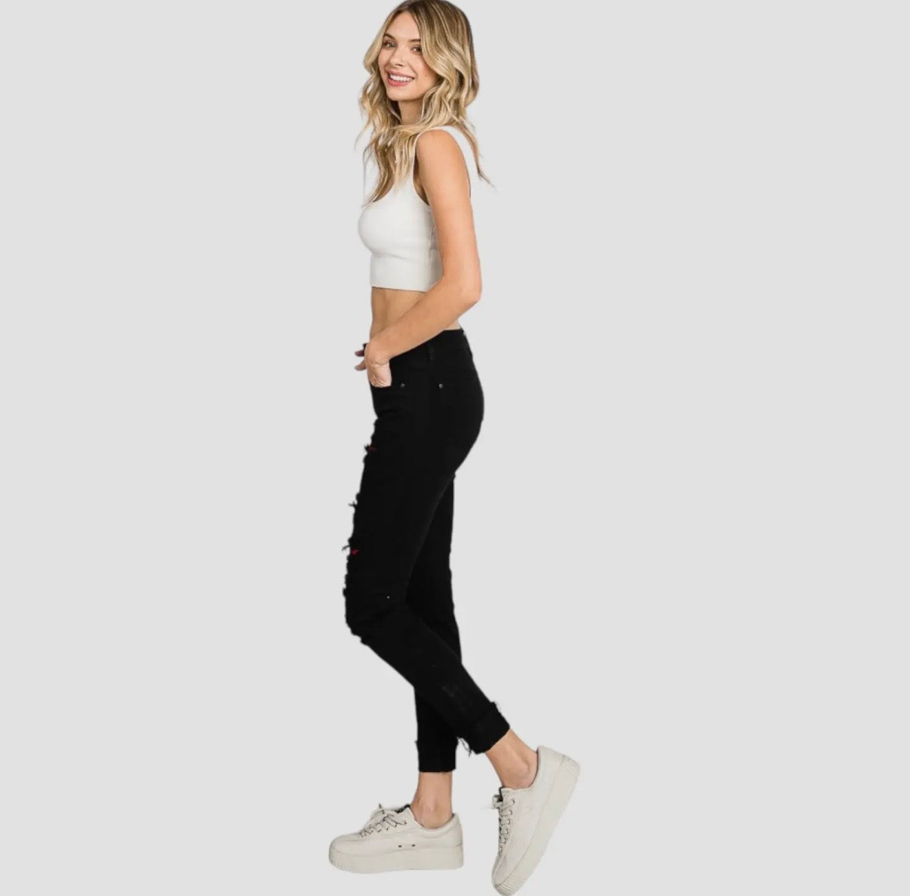 Petra153 Mid Rise Black Ankle Skinny