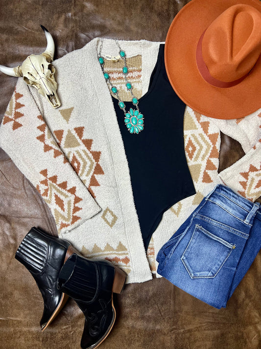 Tribal Print Knit Open Front Cardigan in Cream