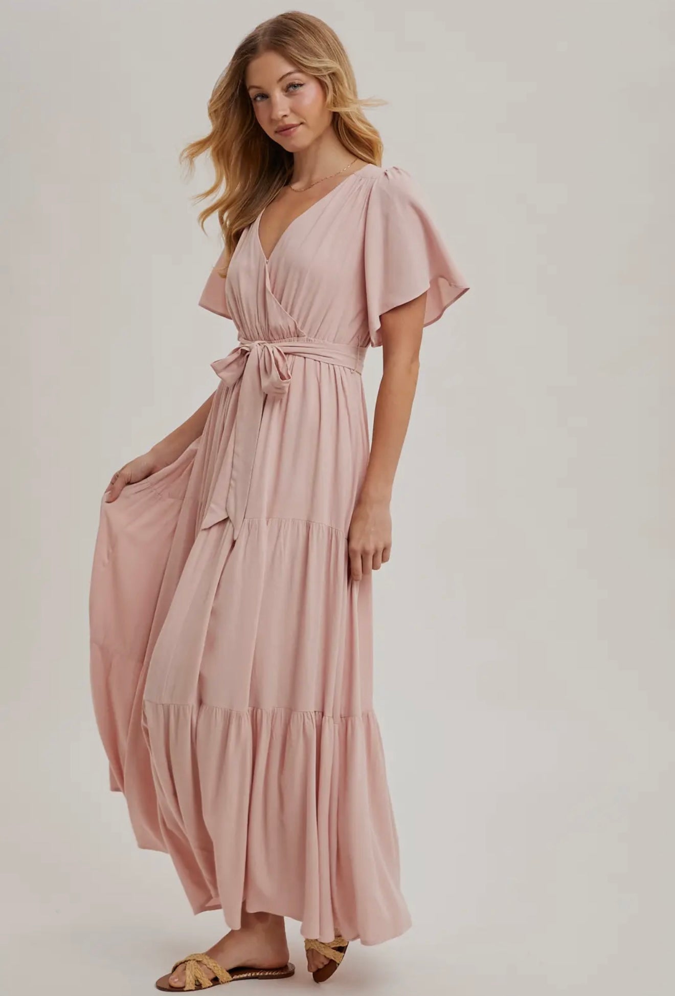 Wrap Tiered Maxi Sundress with Lining in Rose