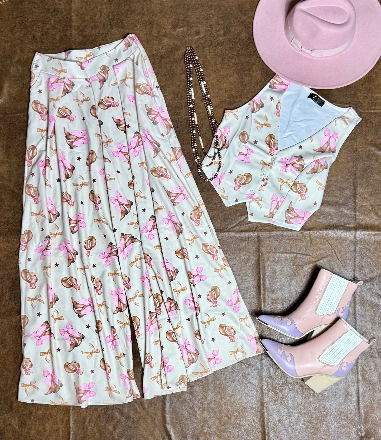 Evie Coquette Ribbon Print
Wide Leg Palazzo Pants