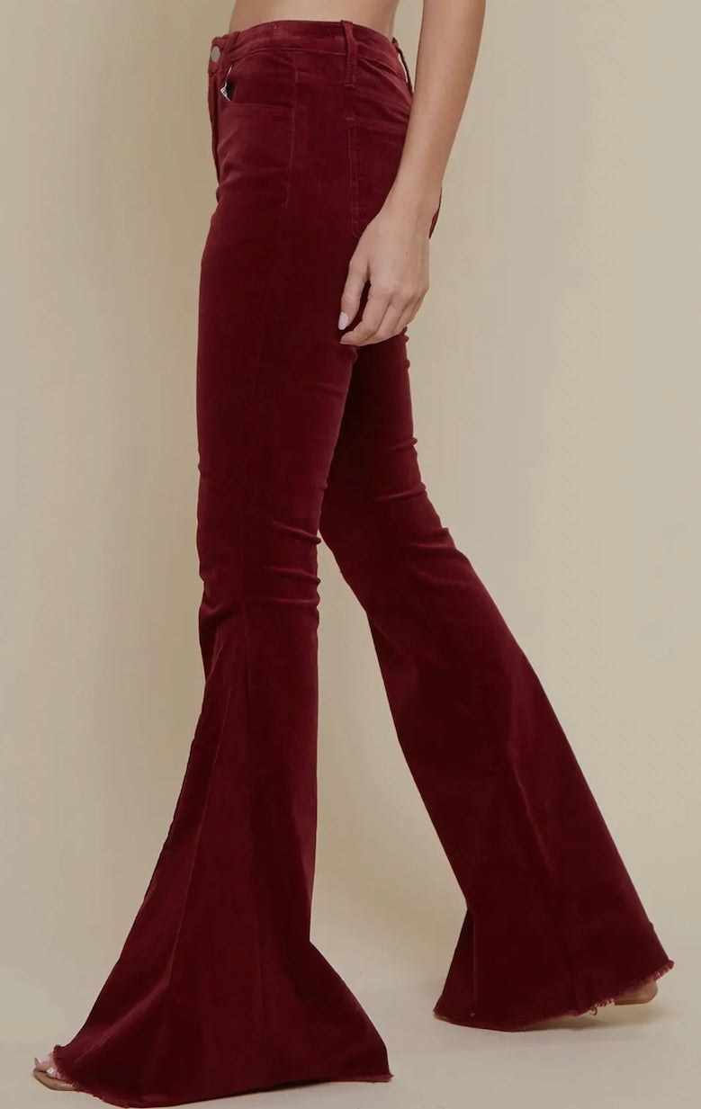 Wine Soft Corduroy Flares with Distressed Hem