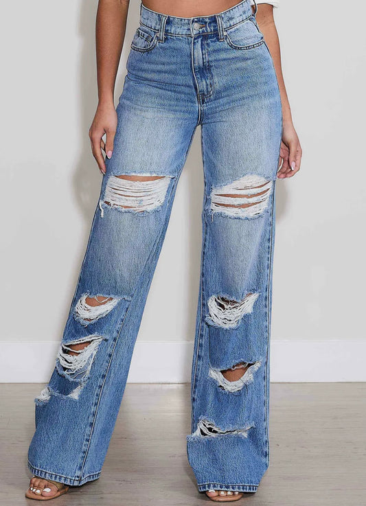 High-Rise Distressed Wide Leg Jeans