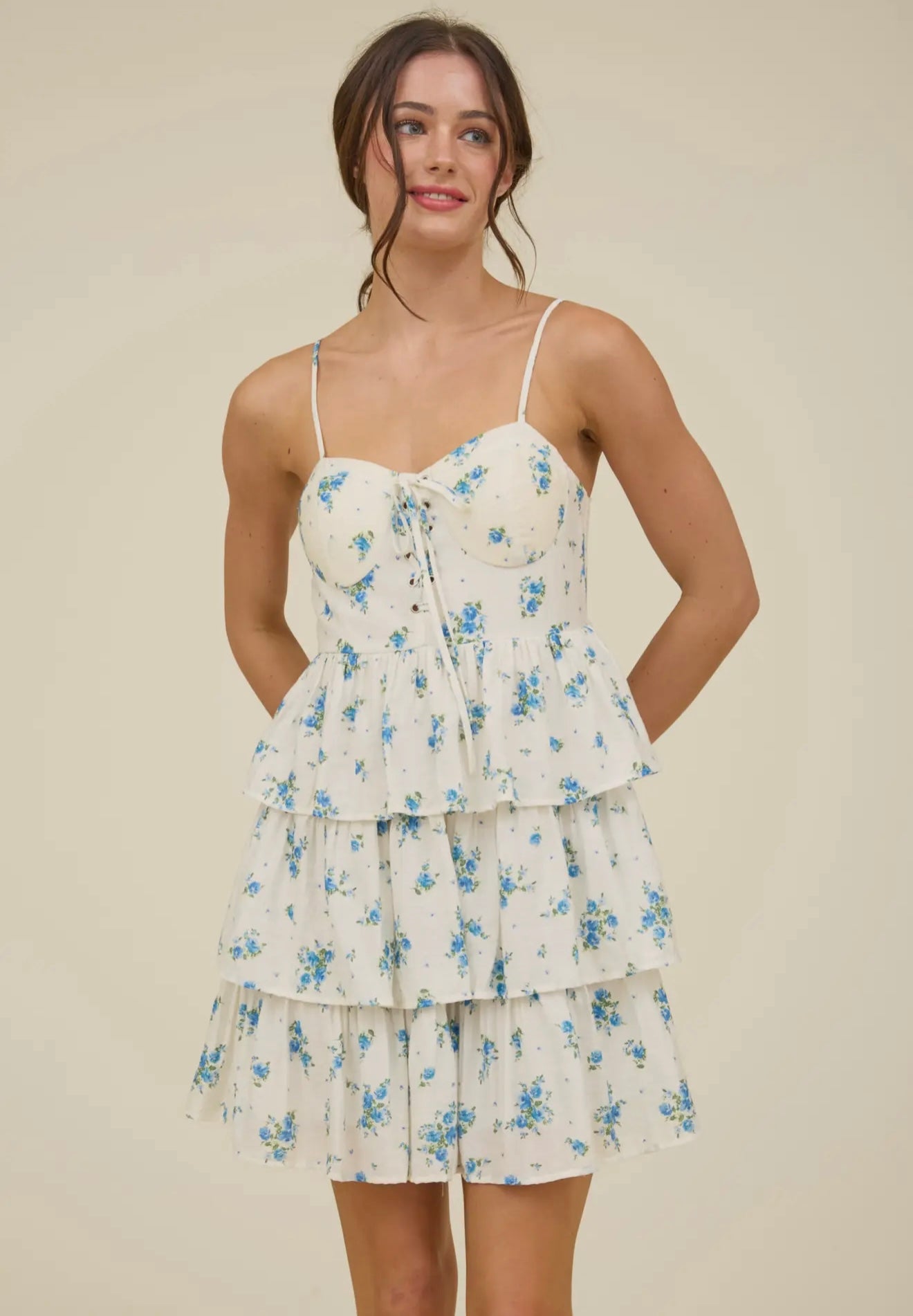 Floral Front Lace Up Ruffle Tiered
Mini Dress