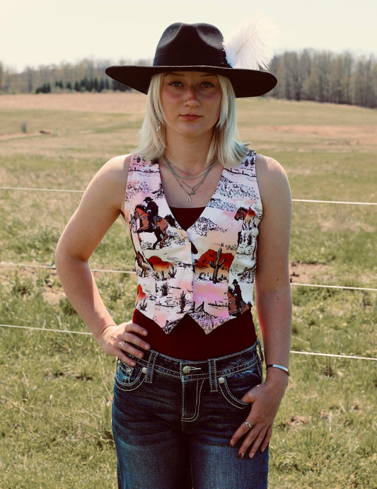 Hilda Vintage Horse Print
Button Down Vest Top