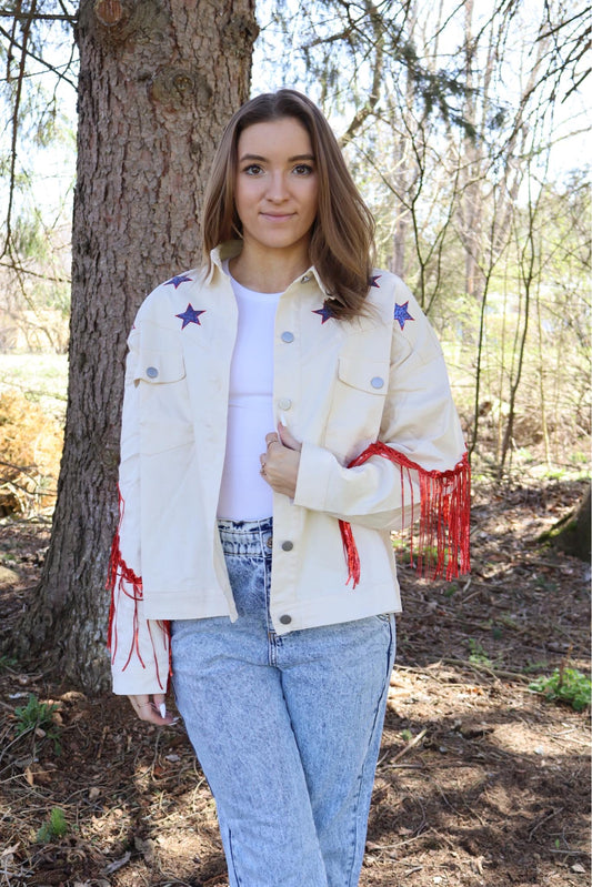Star Sequin Patch Fringed Jacket