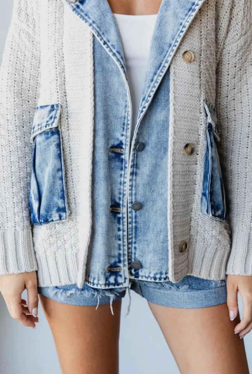 Knit Body Denim Layerd Jacket