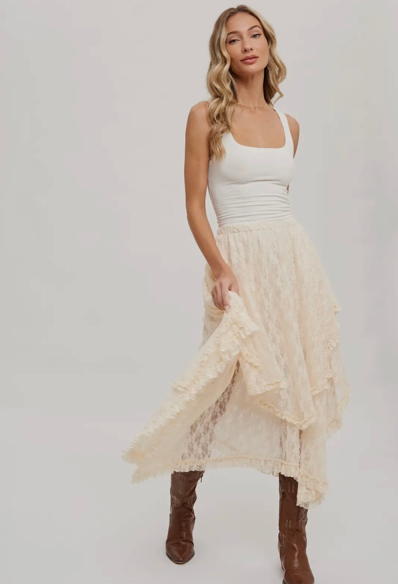Ecru Lace Tier Midi Skirt