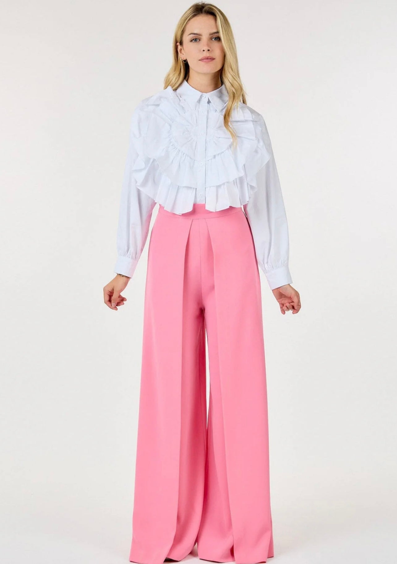 ZIP UP PLEATED FRONT WIDE LEG PANTS in pink