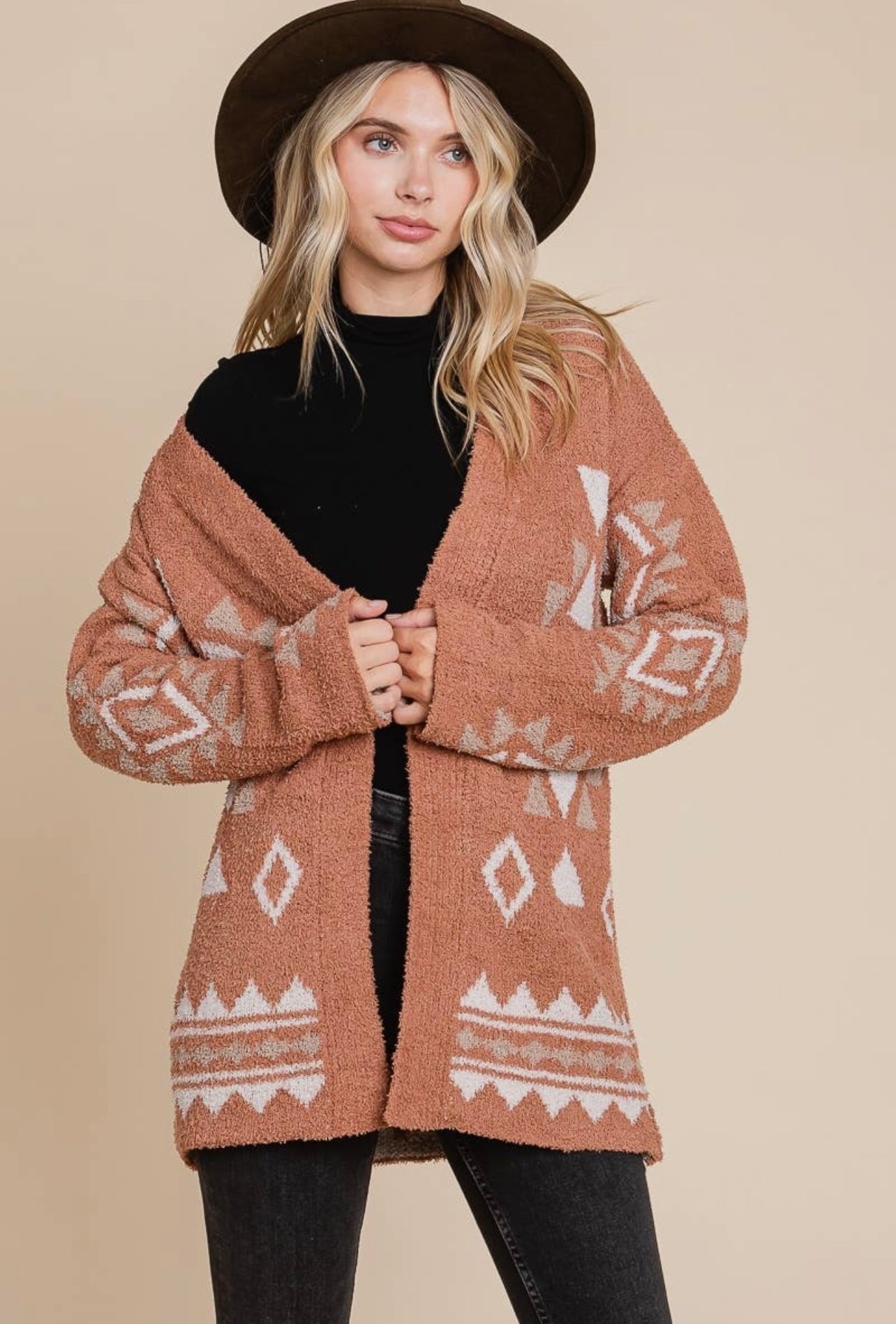 Tribal Print Knit Open Front Cardigan In Camel