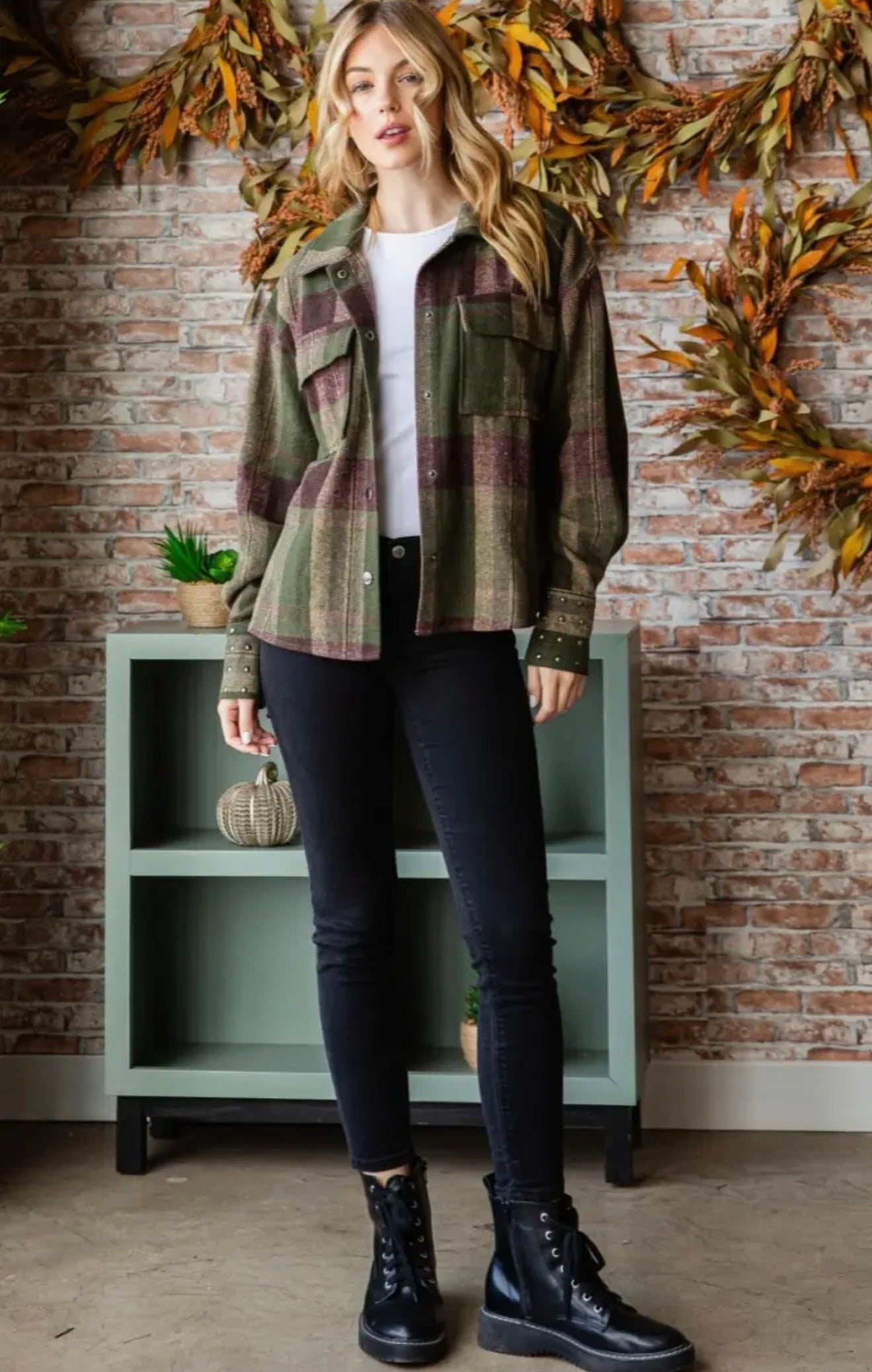 Plaid Stud Cuff Shirt Jacket in Olive