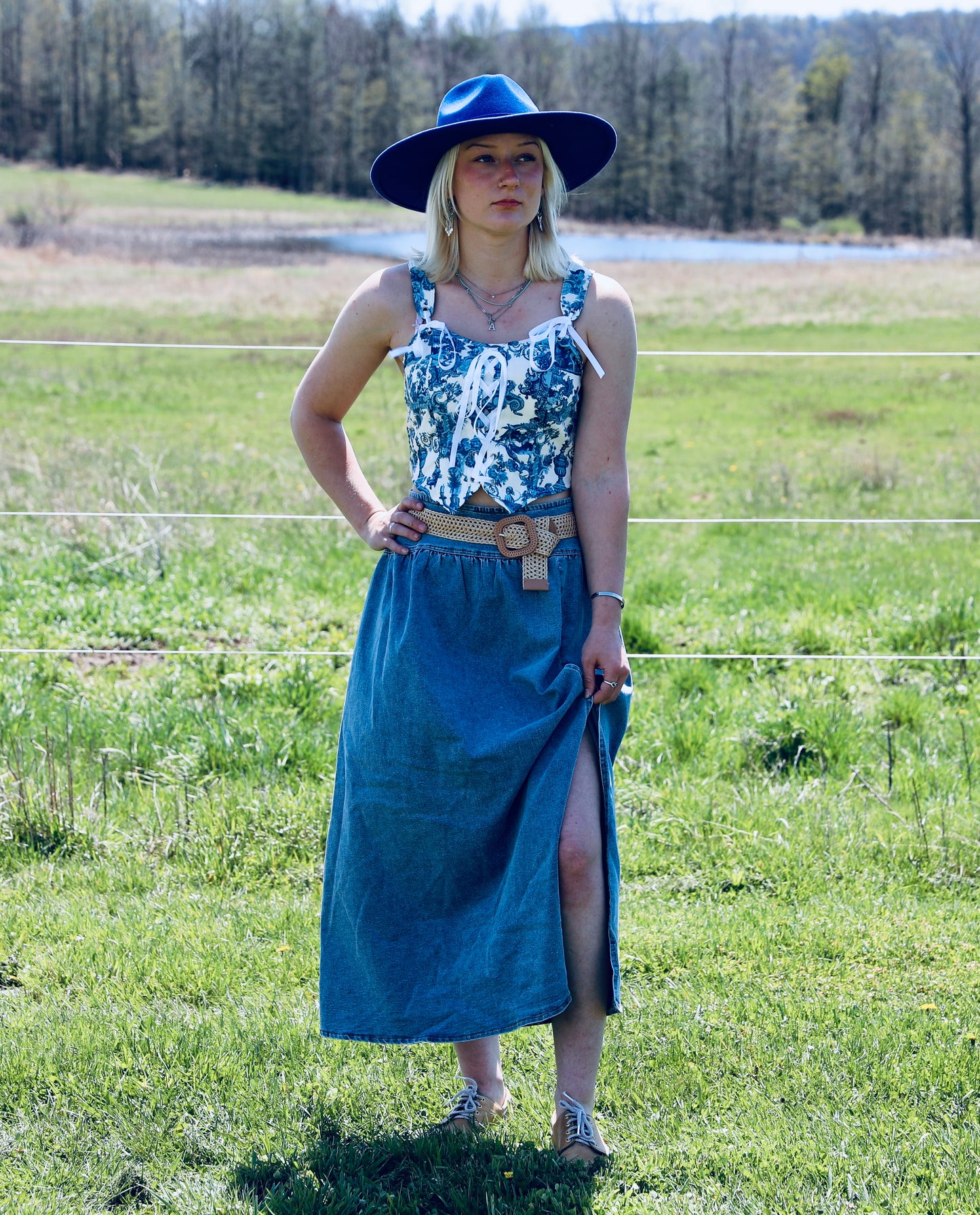 Midi Denim Skirt with Center Thigh Slit