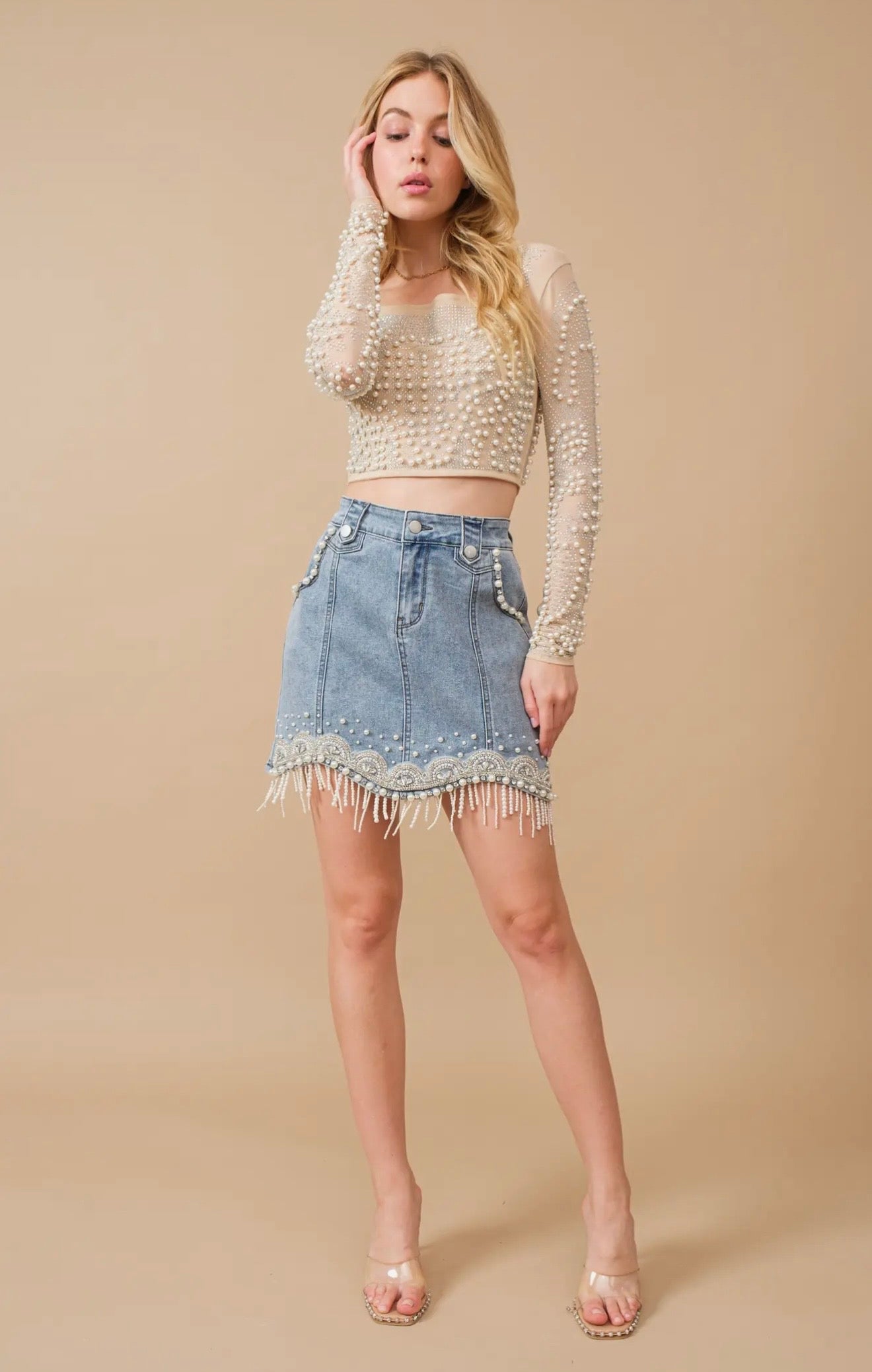 Stretch Denim Embellished Pearl
Fringe Mini Skirt