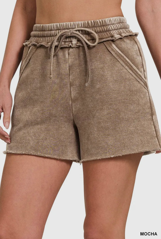 Zenana Acid Wash Fleece Drawstring Shorts with Pockets in Mocha