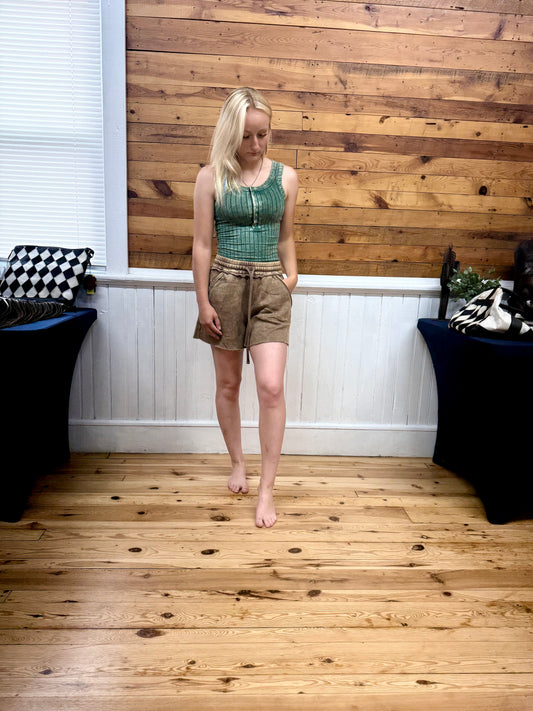 Zenana Acid Wash Fleece Drawstring Shorts with Pockets in Mocha