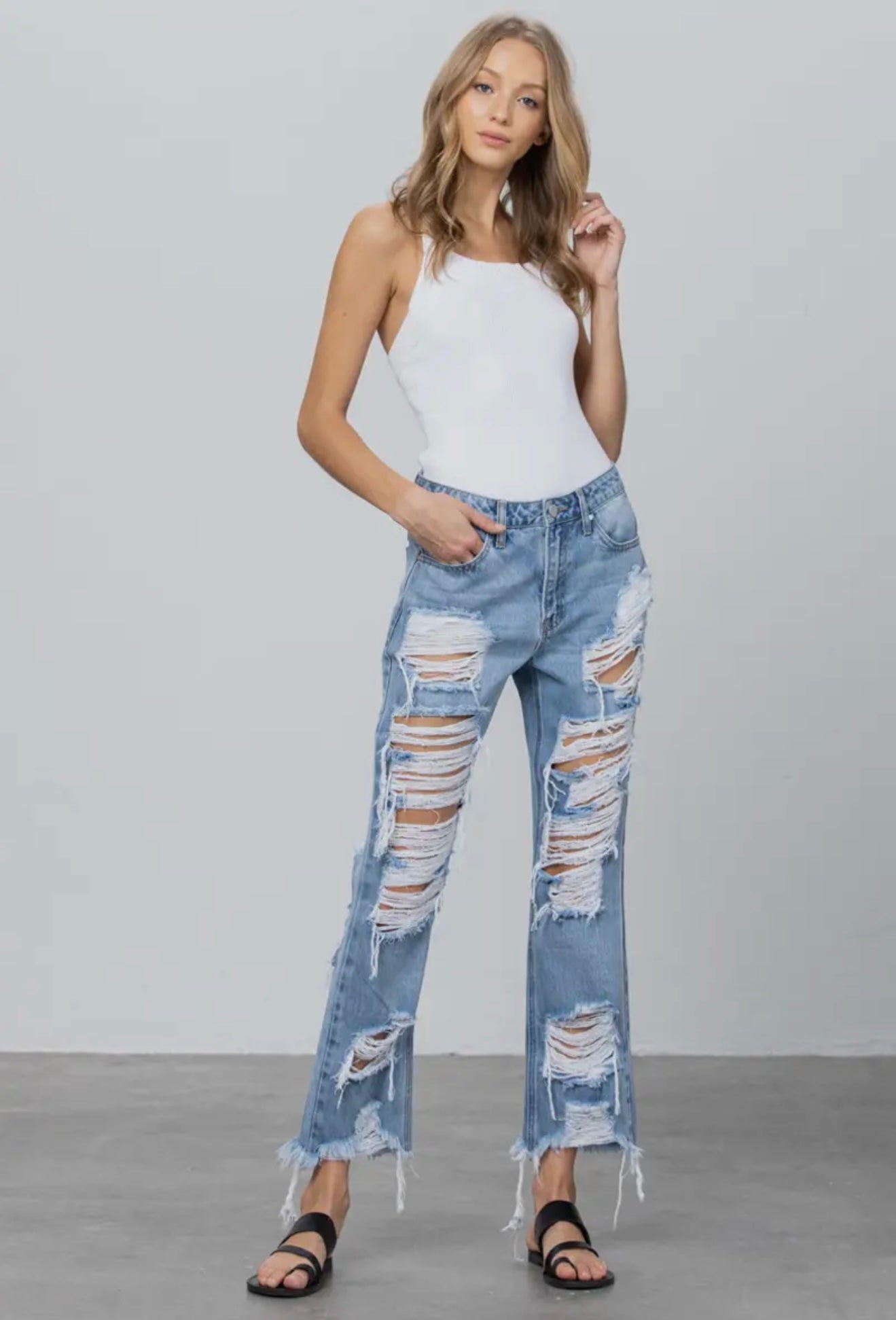 High Rise Heavy Destroyed Frayed Hem Straight Jeans
