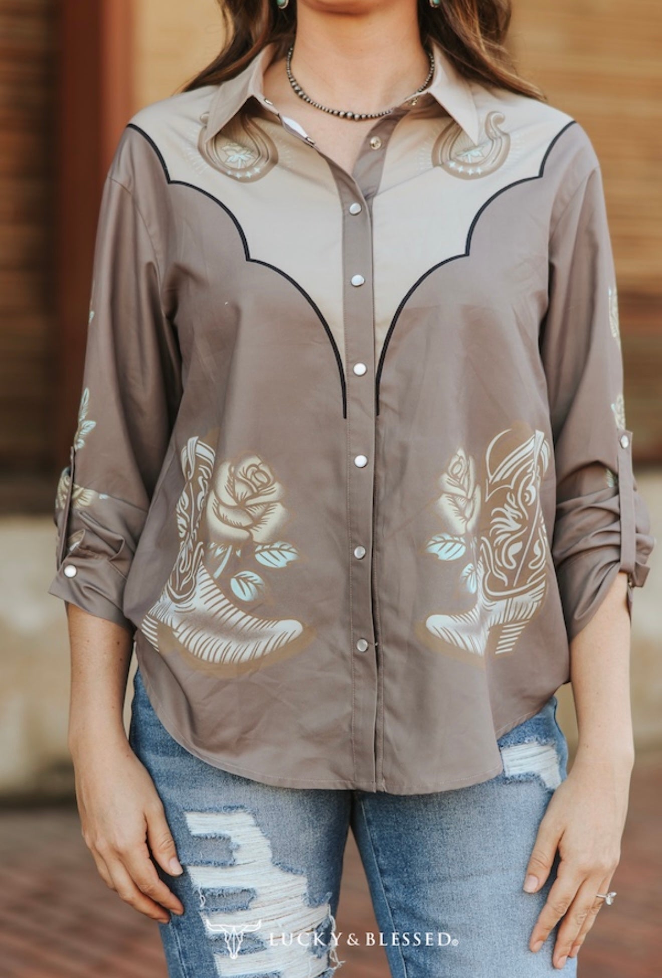 Taupe Western Printed Pearl Snap Button Down Top